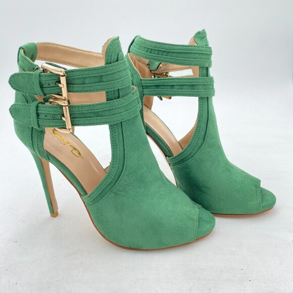 XYD Green Suede Peep Toe High Heels Buckled Double Straps Cutout Ankle Bootie - Picture 4 of 8